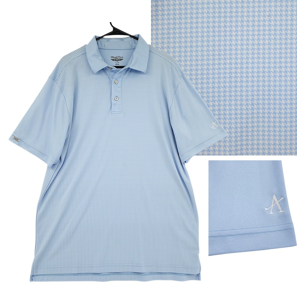 Straight Down Mens‎ Polo Shirt XL Light Blue Houndstooth Golf Short Sleeve Tech